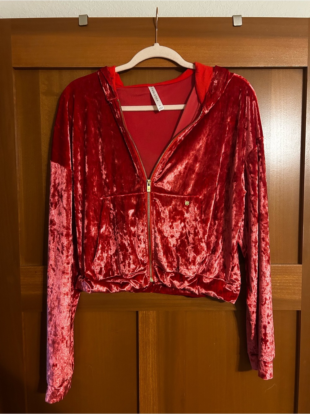 Fabletics Red Velvet Zip Hoodie with Gold Zipper